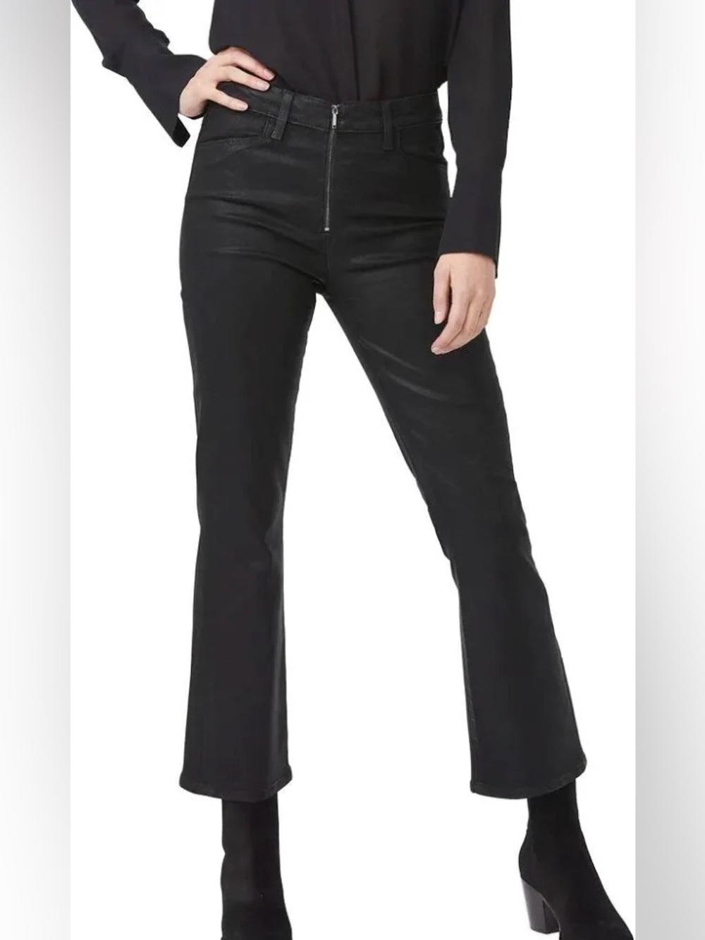 PAIGE Coated Claudine Ankle Flare Jeans Front Zip Black Size 27